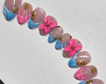 Pink and Blue 3D Bling Flower and Shell Press On Nails RIYNAILS