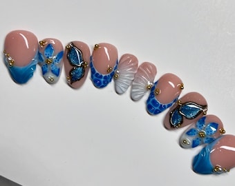 Blue Butterfly 3D Nail Art Press On Nails RIYNAILS