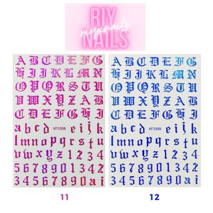 May include: Two sheets of nail art stickers with a holographic finish. The stickers feature a gothic alphabet, numbers, and symbols in pink and blue.