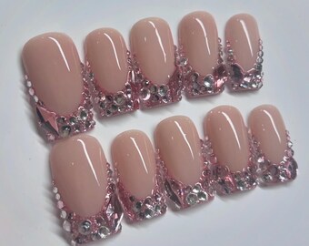 Extra Bling Pink Rhinestone Press On Nails RIYNAILS
