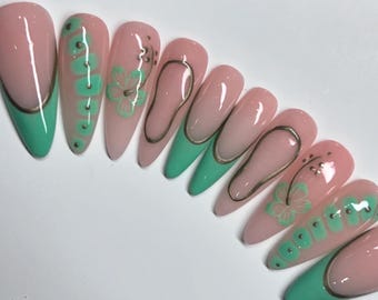 Green and Gold Flower Press On Nails RIYNAILS