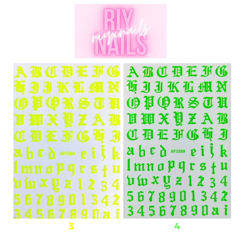 May include: Two sheets of nail stickers with a gothic font alphabet and numbers in neon green and yellow. The sheets are labeled with the numbers 3 and 4.