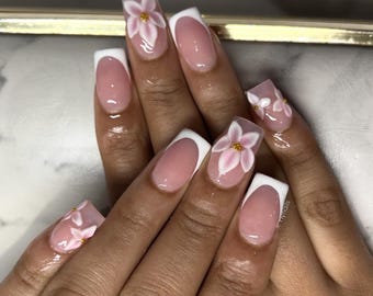 3D Flower French Tip Press On Nails RIYNAILS