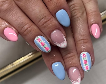 Pink and Blue Lace Rose Press On Nails RIYNAILS