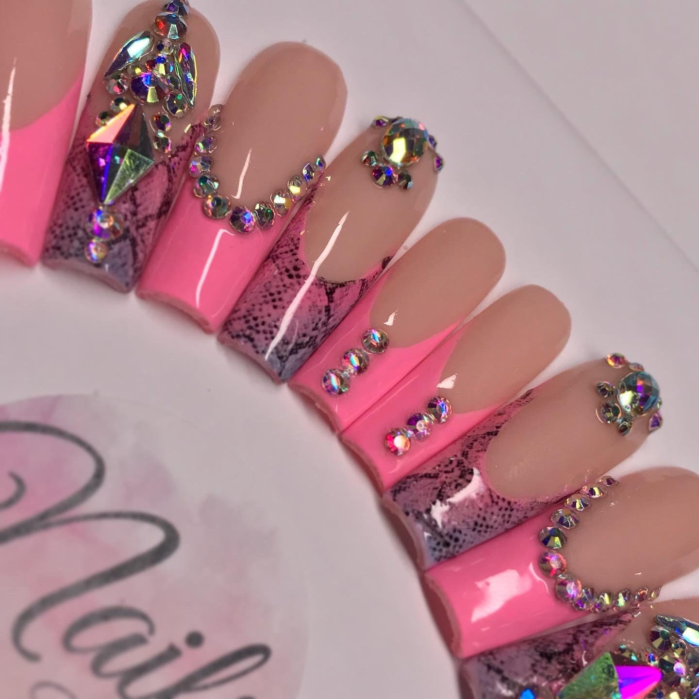 Pink Snake Skin and Flowers Design with Hot Pink Rhinestones Nail Art  Tutorial 