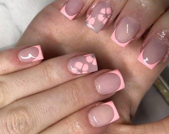 Coral Pink Flower French Tip Press On Nails RIYNAILS