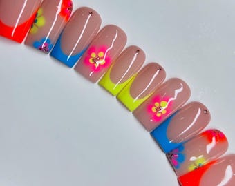 Neon Blooming Flower French Tip Press On Nails RIYNAILS
