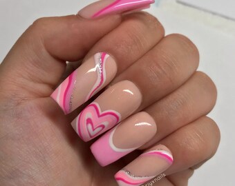 Pink Swirl Love Heart Custom Press on Nails