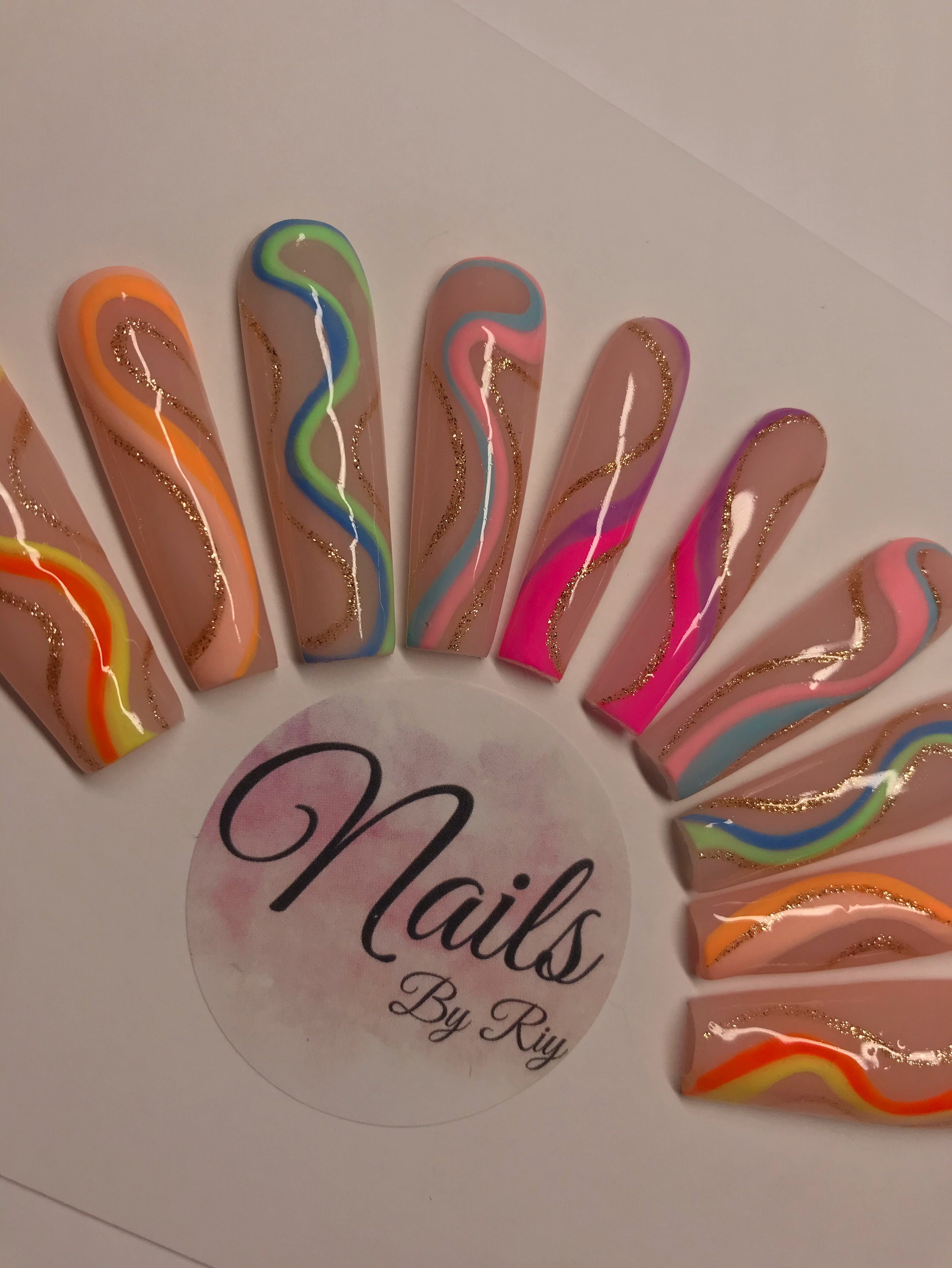 Neon Summer Rainbow Swirl Press on Custom Nails - Etsy UK