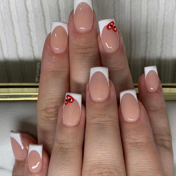 White Tip Heart Press On Nails RIYNAILS