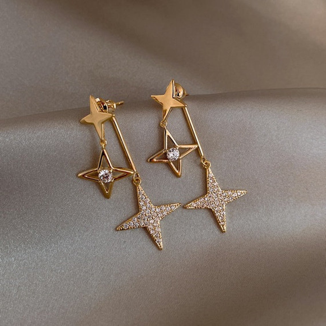 Unique Gold Stars Dangle Earrings Dainty Sun and Star Drop | Etsy