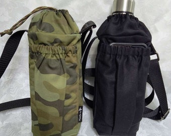 Camouflage/Black water bottle holder with phone pocket & adjustable strap/Perfect bag for festivals/hiking/fishing/travel or metal detecting