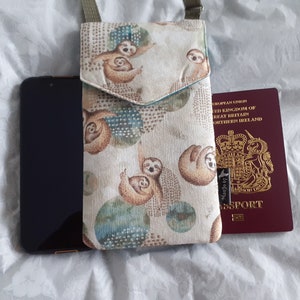 Sloth crossbody mobile phone bag/Padded 2 pocket bag with mother and baby sloth fabric/Adjustable strap phone pouch/Travel passport holder