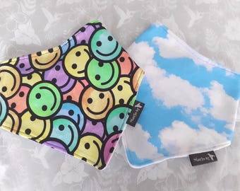 Funky Bandana Bib: Colorful Stretch Cotton Jersey, Soft Fleece - Smiley Face