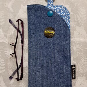 Upcycled Denim Glasses Case With Clip: Padded Cotton Lining, Clasp Light blue