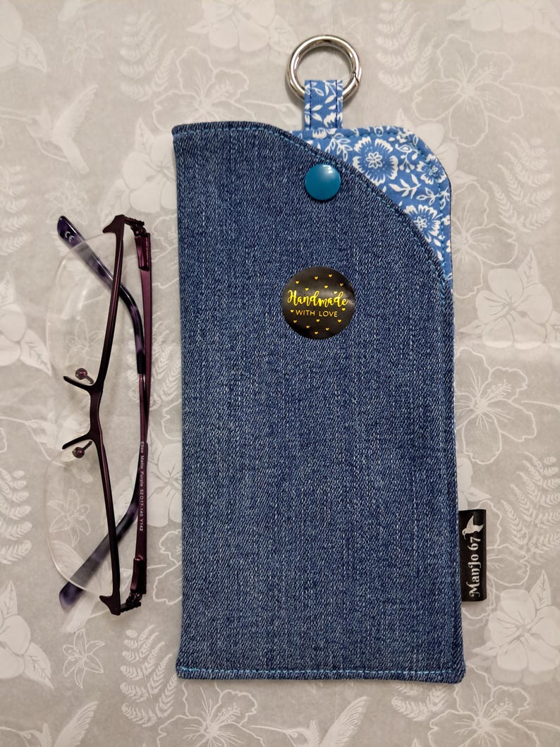 Upcycled Denim Glasses Case With Clip: Padded Cotton Lining, Clasp Light blue