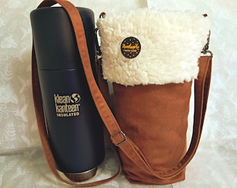 Faux Suede And Fur Crossbody Flask Holder : Large Water Bottle Carrier With Waterproof Lining.
