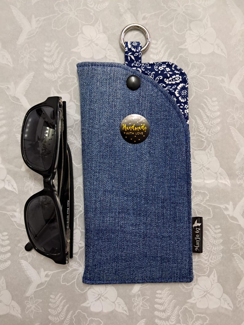 Upcycled Denim Glasses Case With Clip: Padded Cotton Lining, Clasp Dark blue