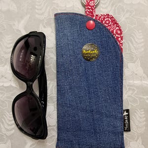 Upcycled Denim Glasses Case With Clip: Padded Cotton Lining, Clasp Red