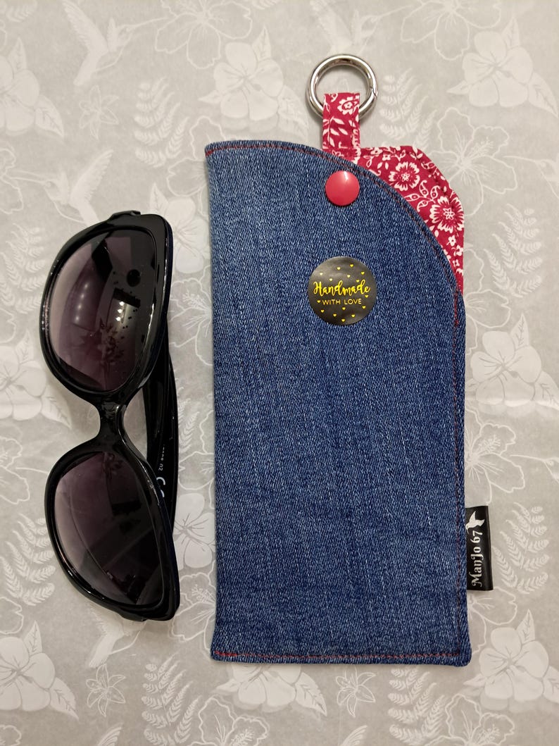 Upcycled Denim Glasses Case With Clip: Padded Cotton Lining, Clasp Red