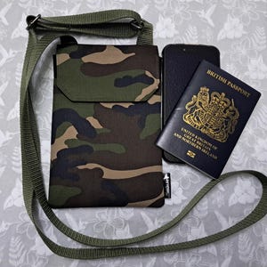 Handmade Man's Phone And Passport Bag With Adjustable Strap, 2 Pockets & Card Slot Camo