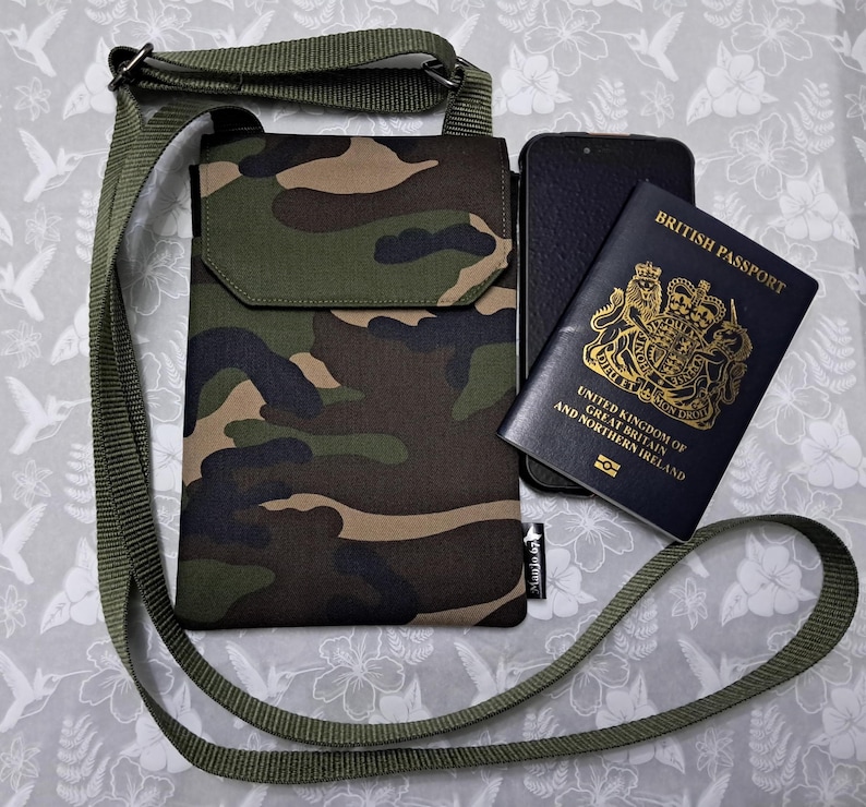 Handmade Man's Phone And Passport Bag With Adjustable Strap, 2 Pockets & Card Slot Camo