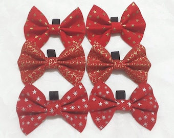 Christmas Dog Bow Tie: Collar attachment In Red with Gold Swirls or Gold/Silver Stars