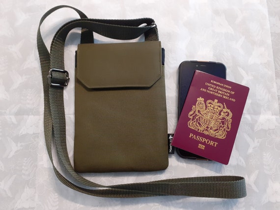 Handmade Man's Phone And Passport Bag With Adjustable Strap, 2 Pockets & Card Slot
