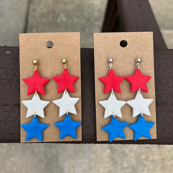 4th of July Star Clay Earrings/ Red White and Blue Stars