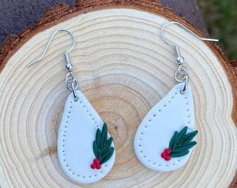 Mistletoe Dangle Earrings/ Polymer Clay Christmas Earrings/ Gifts for Women