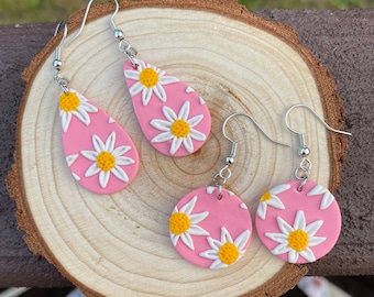 Handmade Daisy Clay Earrings: Pink Sparkle Floral Jewelry
