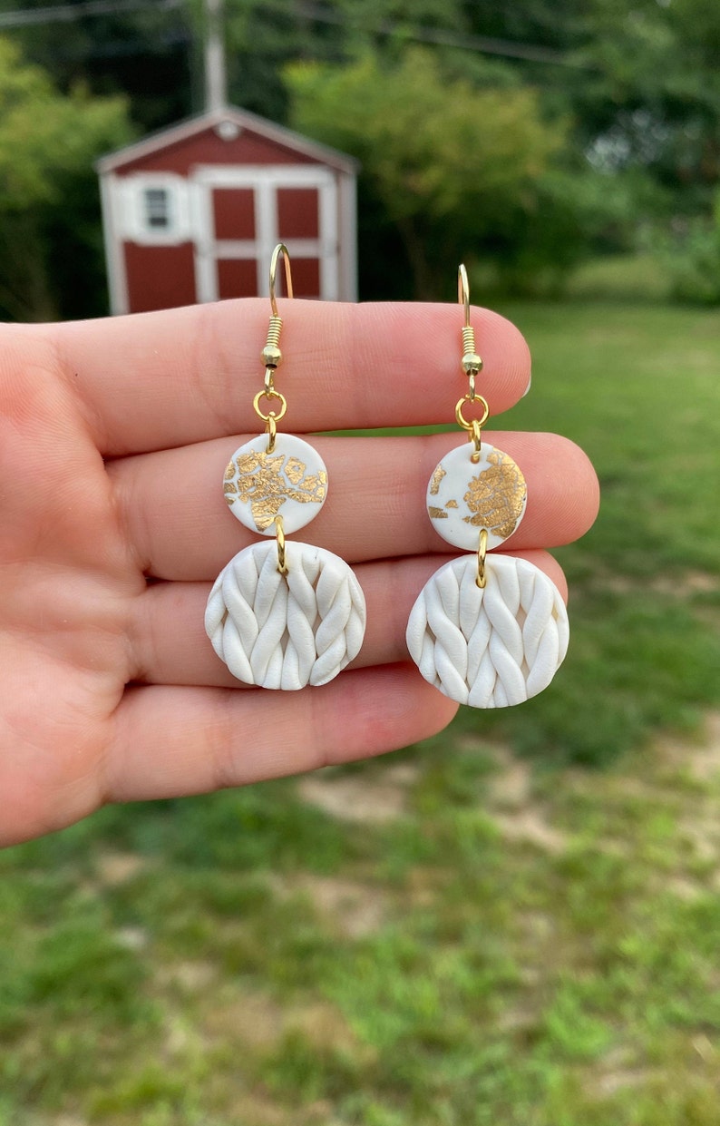 Sweater Clay Earrings/Winter Christmas Earrings/Knit Earrings/Gold Earrings image 9