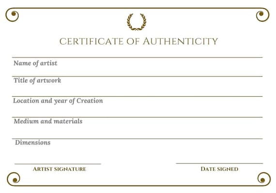 Certificate of Authenticity, Downloadable Certificate of Authenticity, Unlimited downloads, Certificate of Authenticity for Artwork