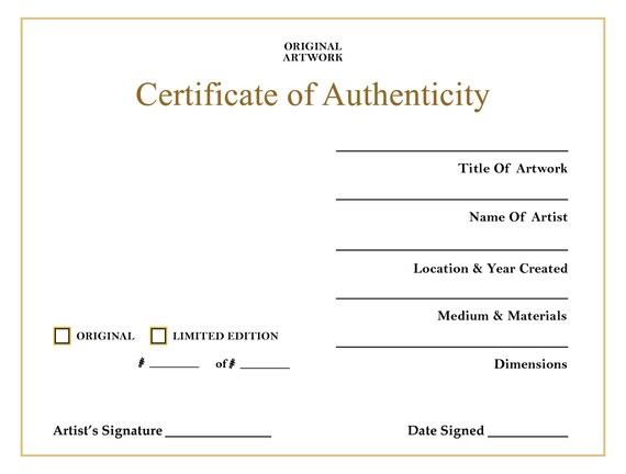 Certificate of Authenticity, Downloadable Certificate of Authenticity, Unlimited downloads, Certificate of Authenticity for Artwork
