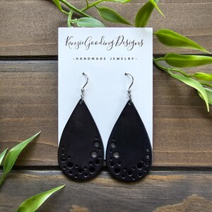 Black Vegetable Tanned Leather Teardrop Earrings