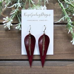 Burgundy Teardrop Leather and Chain Earrings