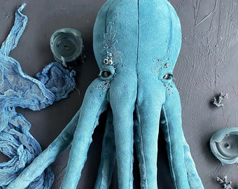 Handmade octopus stuffed toy in dusty turquoise color. Unique gift for a friend