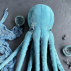 Handmade octopus stuffed toy in dusty turquoise color. Unique gift for a friend