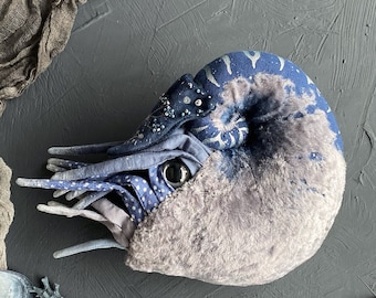 Plush toy nautilus in blue and silver colours. Unique gift for friend