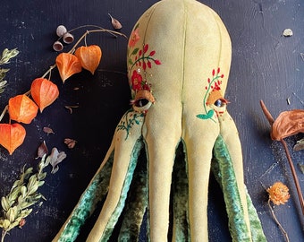 Octopus handmade toy / textile decor with floral embroidery / handmade stuffed toy