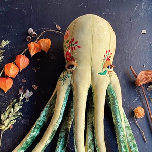 Octopus handmade toy / textile decor with floral embroidery / handmade stuffed toy image 1