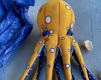 Art octopus toy in yellow blue colours. Sea stuffed animal. home textile decor. Interior collectible toy. Unusual gift for friend.