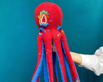 Octopus stuffed animal, red maximalist home decor, apartment decor aesthetic, art plush toy, unique gift,quirky home decor,modern embroidery