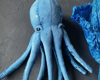 Stuffed blue octopus toy. Sea animals nursery decor. Cute fish plush. OOAK doll. Aquatic handmade. kids room decor. Unique gift for her