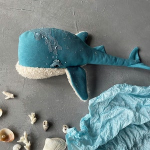 Handmade azure blue plush whale. Stuffed animal toy. Ocean nursery decor.4 year old girl gift. Housewarming thank you gift