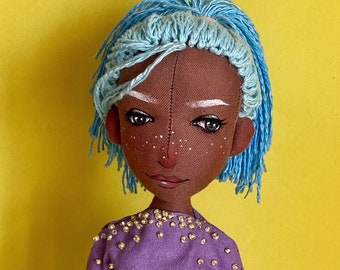 Art doll creature girl with dark skin and blue hair, ooak doll, handmade gift for her