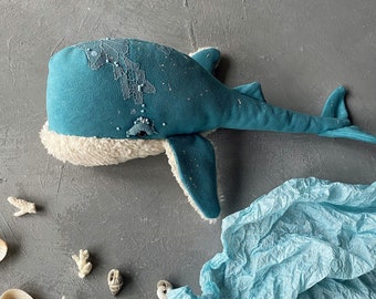 Handmade azure blue plush whale. Stuffed animal toy. Ocean nursery decor.4 year old girl gift. Housewarming thank you gift