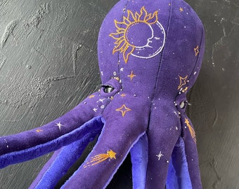 Octopus stuffed animal toy, moon decor embroidery, handmade gift for her, moon and stars nursery decor, housewarming gift first home