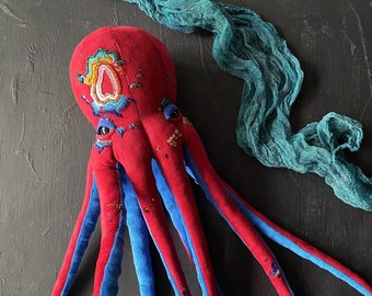 Octopus embroidered plush toy. handmade home decor. Housewarming gift first home. Unique gift for her. OOAK stuffed animals