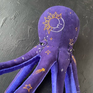 Octopus stuffed animal toy, moon decor embroidery, handmade gift for her, moon and stars nursery decor, housewarming gift first home